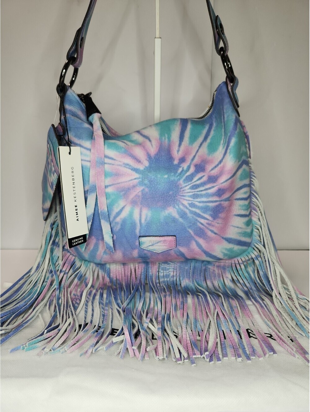 NWT Aimee Kestenberg Kane Convertible Lthr Bag Purse Tie-Dy Blu Pnk fringe RARE! - Picture 4 of 9